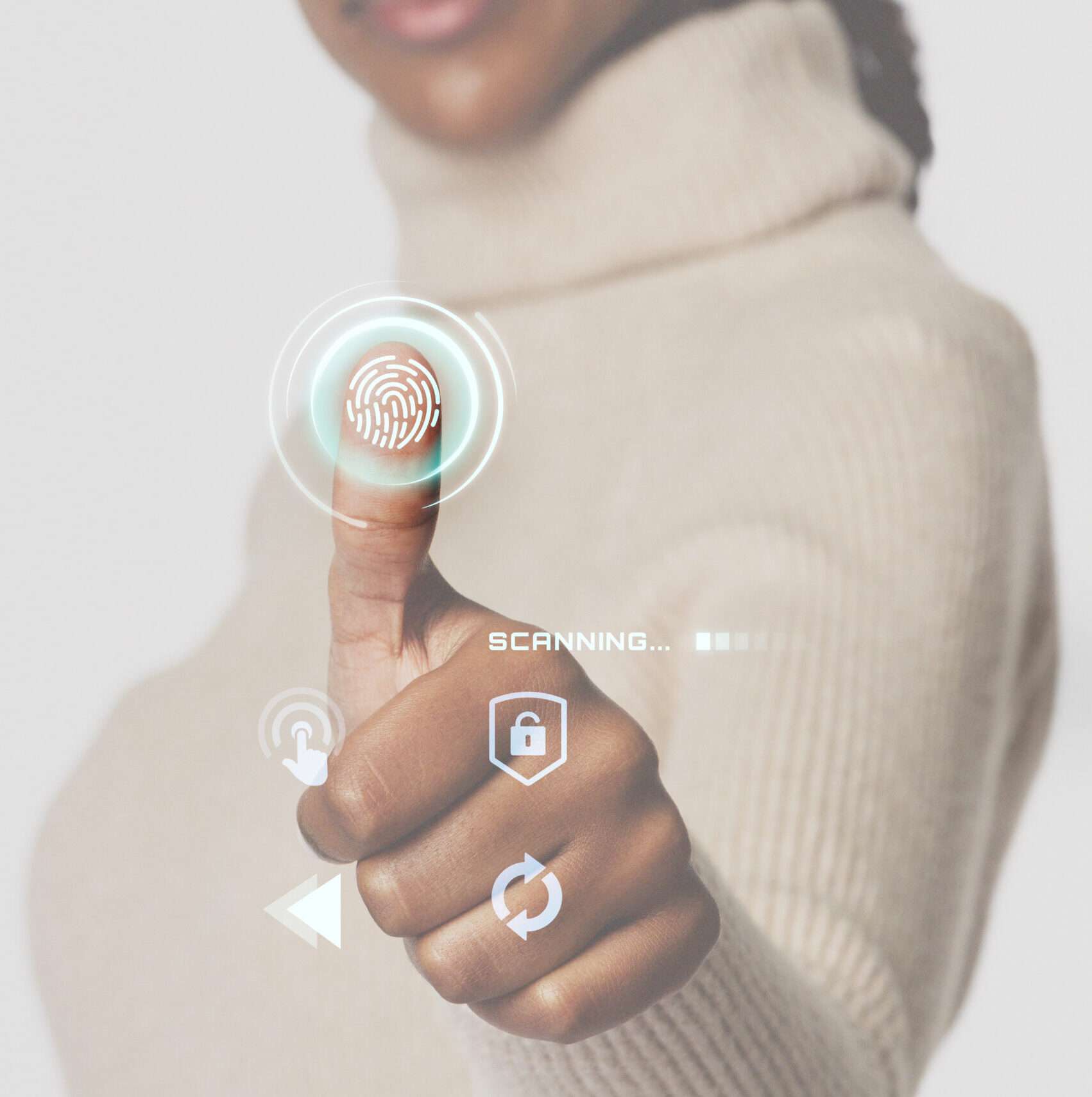 Woman scanning fingerprint with futuristic interface smart technology